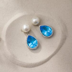 Blue topaz earrings with pearls & diamonds