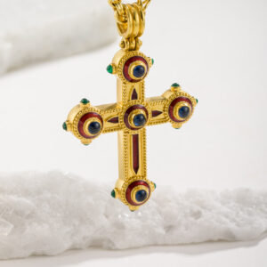 Byzantine collection Sapphire Cross with emerald & red enamel