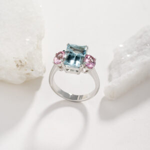 Aquamarine ring with pink tourmaline & diamonds
